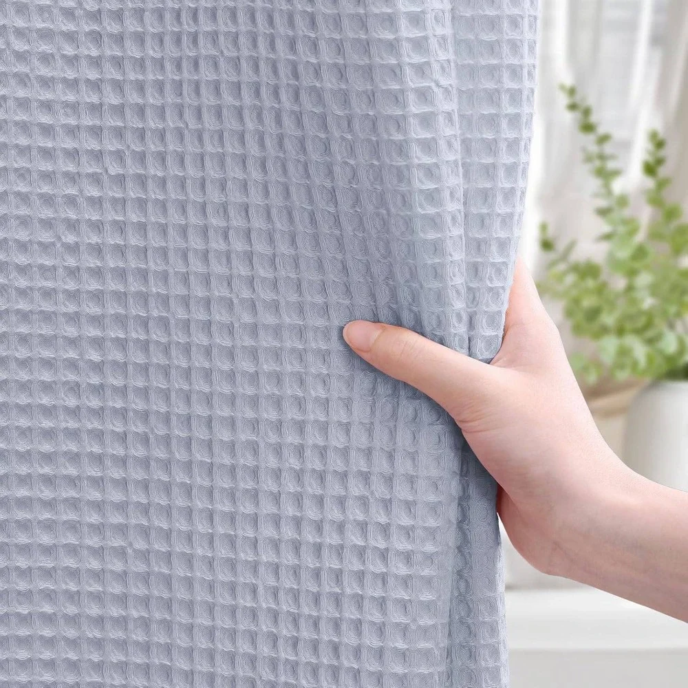 XOGUIBO Waffle Weave Shower Curtain Light Blue Cotton Blend Matte Spa Style